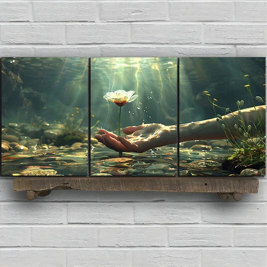 3pcs Floral Palm Holding On Hand Metal Print Ready to Hang Art
