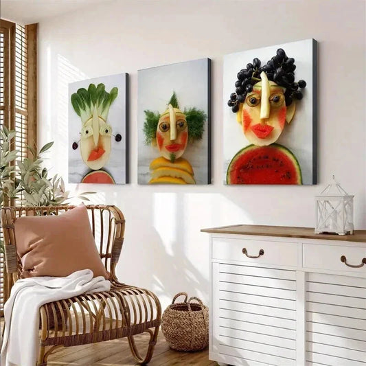 3pcs Fruit & Vegetable Portraits Wall Art Set Canvas Framed 40x60cm - High Quality Print 100% Australian Made Wall Canvas Ready to Hang