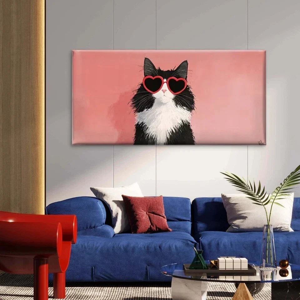 Cat with Heart Fashion Glasses Wall Art Canvas Office Home Room Framed 80x45cm
