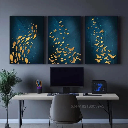 3pcs Fish, butterflies and flying birds Metal Print Ready to Hang Art