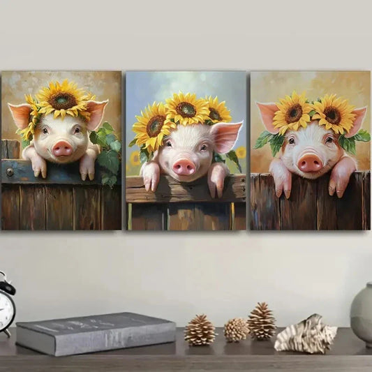 3pcs Rustic Sunflower Pig Metal Print Ready to Hang Art
