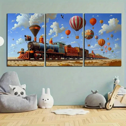 3pcs Whimsical Small Train and Hot Air Balloon Metal Print Ready to Hang Art