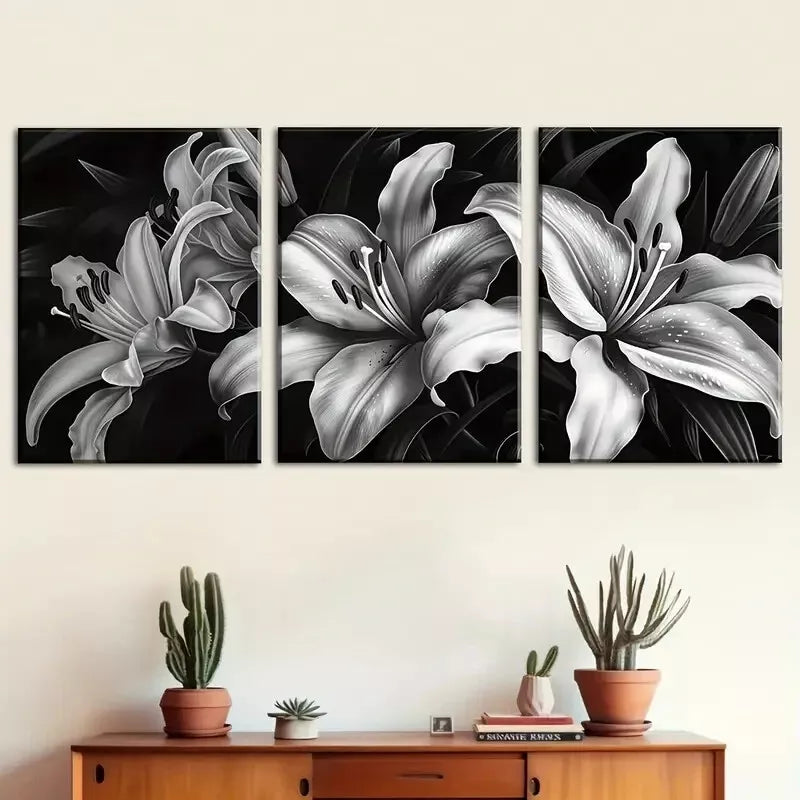 3pcs Modern Minimalist Black And White Floral  Wall Art Set Canvas Framed 40x60cm - High Quality Print 100% Australian Made Wall Canvas Ready to Hang