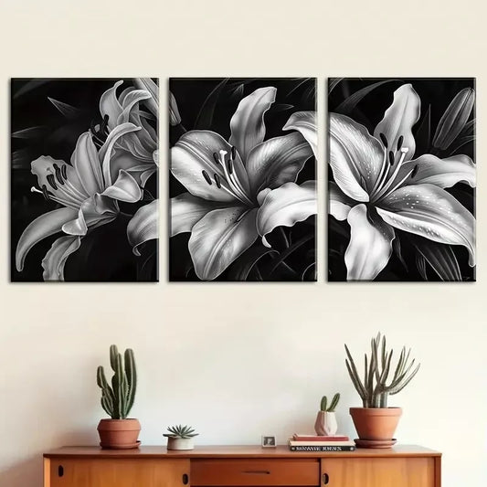 3pcs Modern Minimalist Black And White Floral  Wall Art Set Canvas Framed 40x60cm - High Quality Print 100% Australian Made Wall Canvas Ready to Hang