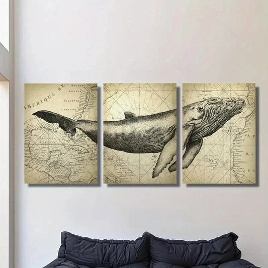 3pcs Vintage ocean animal humpback whale poster, Metal Print Ready to Hang Art