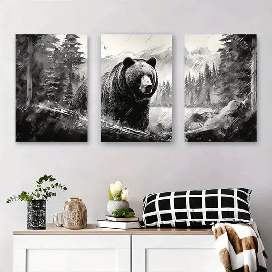 3pcs Black and White Bear Landscape Forest Metal Print Ready to Hang Art