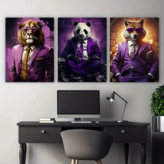 3pcs Panda Lion Fox In A Purple Suit Metal Print Ready to Hang Art