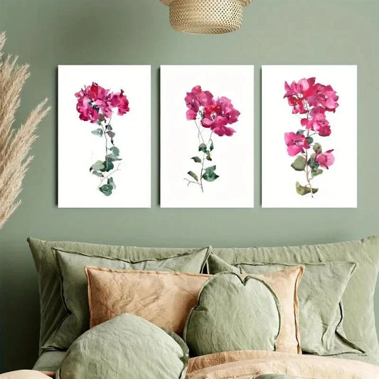 3pcs Vibrant Bougainvillea Watercolor Metal Print Ready to Hang Art