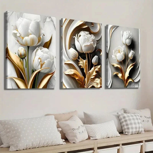 3pcs Golden & White Tulips with Marble Texture Wall Art Set Canvas Framed 40x60cm - High Quality Print 100% Australian Made Wall Canvas Ready to Hang