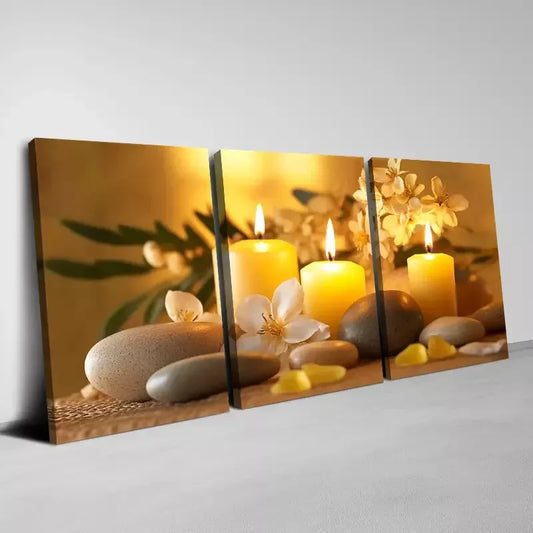 3pcs Relaxing Zen And Flowers Candles with stone Wall Art Set Canvas Framed 40x60cm - High Quality Print 100% Australian Made Wall Canvas Ready to Hang