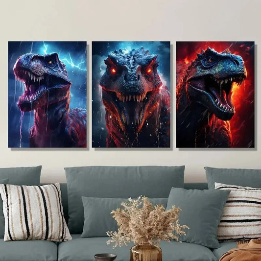 3pcs Fierce Dinosaur Tyrannosaurus Rex Ancient Metal Print Ready to Hang Art
