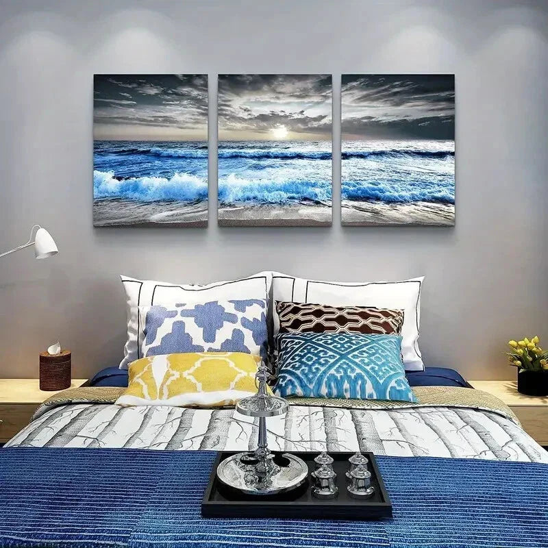 3pcs  Depicting Blue Sea Waves Metal Print Ready to Hang Art