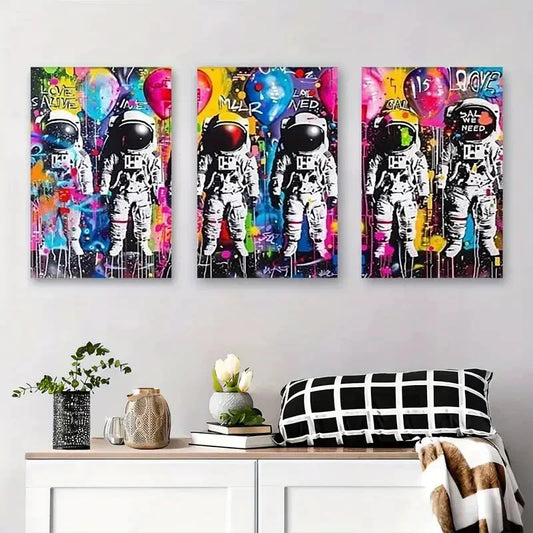 3pcs Astronaut Graffiti Colorful Street Art Metal Print Ready to Hang Art