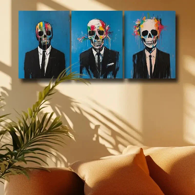 3pcs Stylish Skeleton in Suit with Vibrant Metal Print Ready to Hang Art