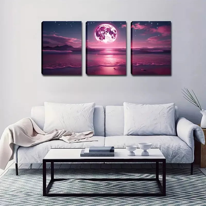 3pcs Beautiful Art, Fuchsia Moon Wall Art Set Canvas Framed 40x60cm - High Quality Print 100% Australian Made Wall Canvas Ready to Hang