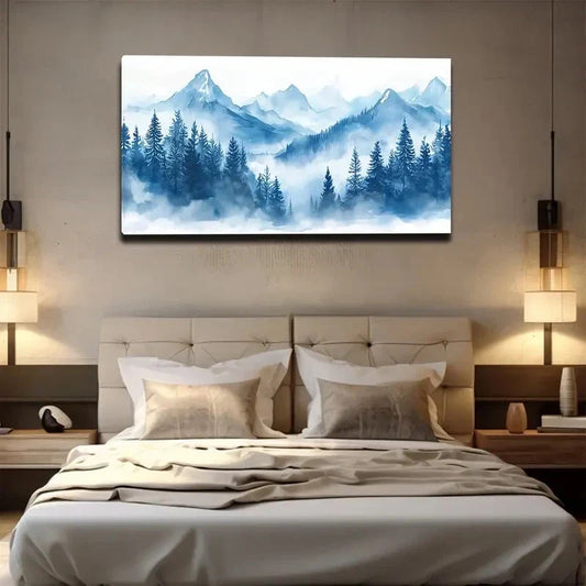 Serene Blue Toned Peaks Wall Art canvas office home room framed 120x60cm