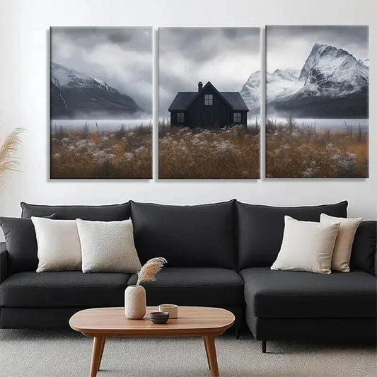 3pcs Black Cottage with Snowy Mountains Perfect Wall Art Set Canvas Framed 40x60cm - High Quality Print 100% Australian Made Wall Canvas Ready to Hang