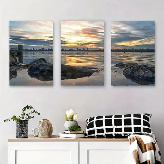 3pcs Sunset Reflections on Water Serene Coastal Metal Print Ready to Hang Art