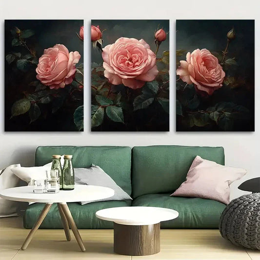 3pcs Dark Romantic Pink Rose Floral Still Life Metal Print Ready to Hang Art
