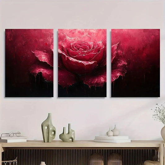 3pcs Stunning Dark Rose Abstract Metal Print Ready to Hang Art