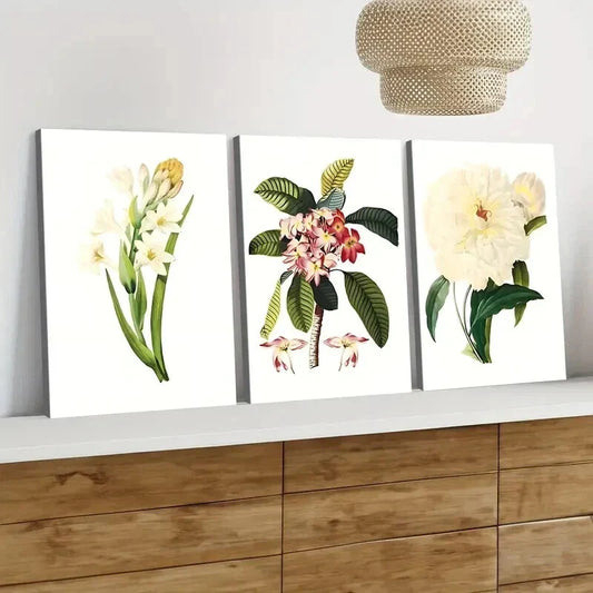 3pcs White Red Florals Green Leaves Rose Yellow Wall Art Set Canvas Framed 40x60cm - High Quality Print 100% Australian Made Wall Canvas Ready to Hang