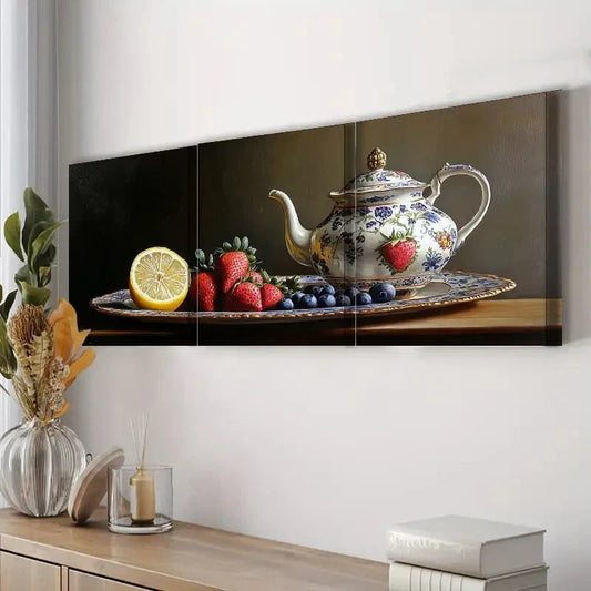 3pcs Afternoon Tea & Fruit Theme Dark Perfect Wall Art Set Canvas Framed 40x60cm - High Quality Print 100% Australian Made Wall Canvas Ready to Hang