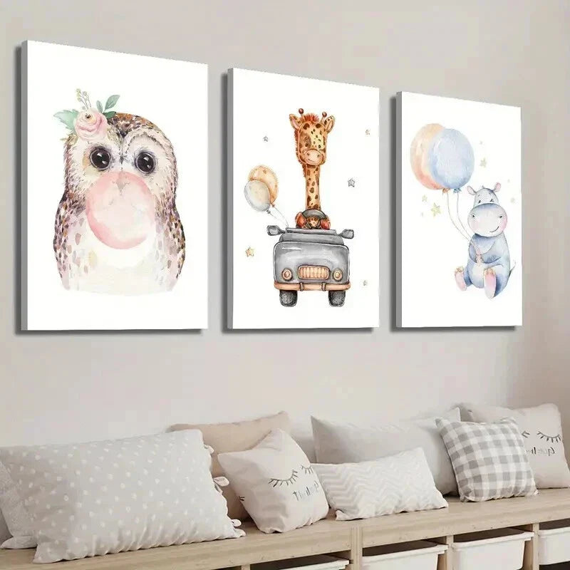 3pcs Cute Owl Car Giraffe and Balloon Hippo Wall Art Set Canvas Framed 40x60cm - High Quality Print 100% Australian Made Wall Canvas Ready to Hang