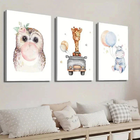 3pcs Cute Owl Car Giraffe and Balloon Hippo Wall Art Set Canvas Framed 40x60cm - High Quality Print 100% Australian Made Wall Canvas Ready to Hang
