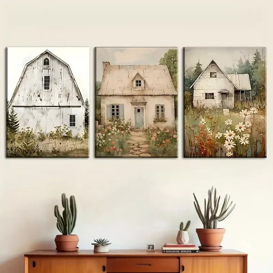 3pcs Vintage Farmhouse And Rural Architecture  Wall Art Set Canvas Framed 40x60cm - High Quality Print 100% Australian Made Wall Canvas Ready to Hang