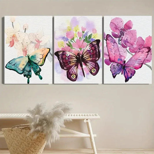 3pcs Purple Colorful Butterflies Flowers Metal Print Ready to Hang Art