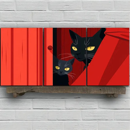 3pcs Black Cat Modern Stunning Yellow Eyes Metal Print Ready to Hang Art