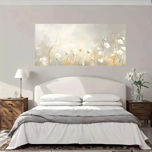 White Daisies & Beige Floral Wall Art Canvas Office Home Room Framed 80x45cm