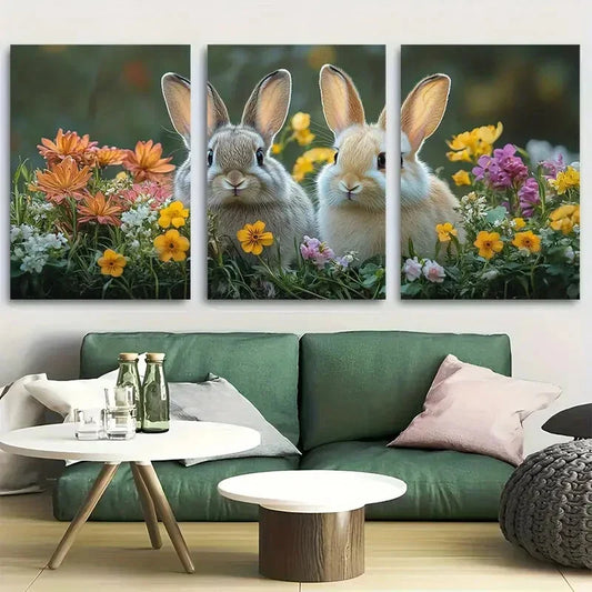3pcs Easter Soft Furry Rabbits Spring Wildflowers Metal Print Ready to Hang Art