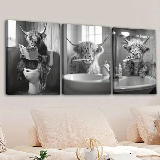 3pcs Highland Cows Bath Yaks, Gray White Buffalo Wall Art Set Canvas Framed 40x60cm - High Quality Print 100% Australian Made Wall Canvas Ready to Hang