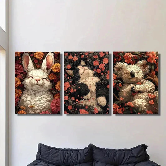 3pcs Adorable Rabbit, Cat & Koala Sleeping  Metal Print Ready to Hang Art