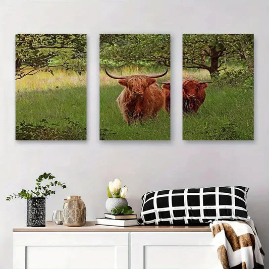 3pcs Brown Cow and Green Field Rural Farm Metal Print Ready to Hang Art