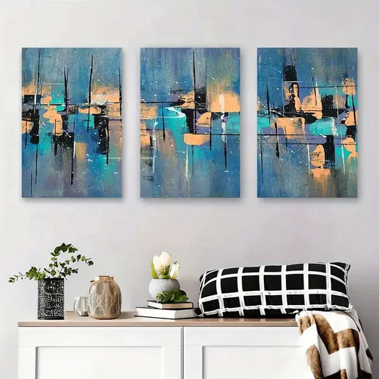 3pcs Abstract Blue and Orange Geometric Metal Print Ready to Hang Art