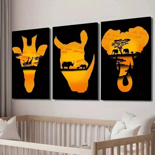 3pcs Giraffe Rhino Elephant at Sunset Wall Art Set Canvas Framed 40x60cm - High Quality Print 100% Australian Made Wall Canvas Ready to Hang