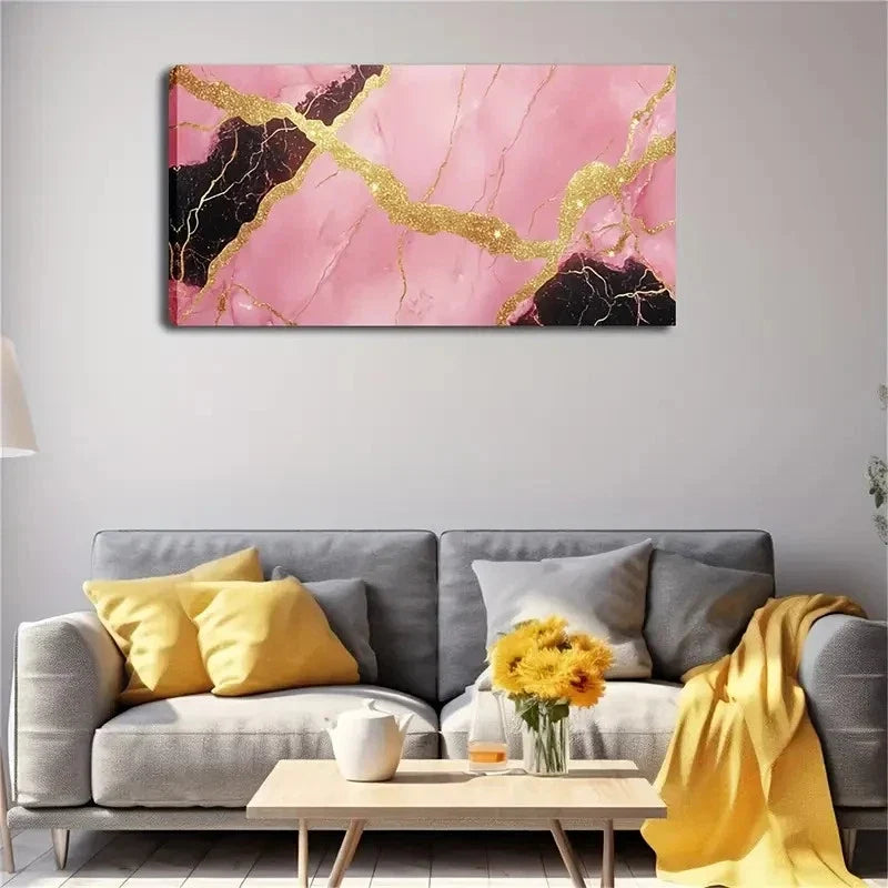 Pink & Black With Golden Accent Wall Art Canvas Office Home Room Framed 80x45cm