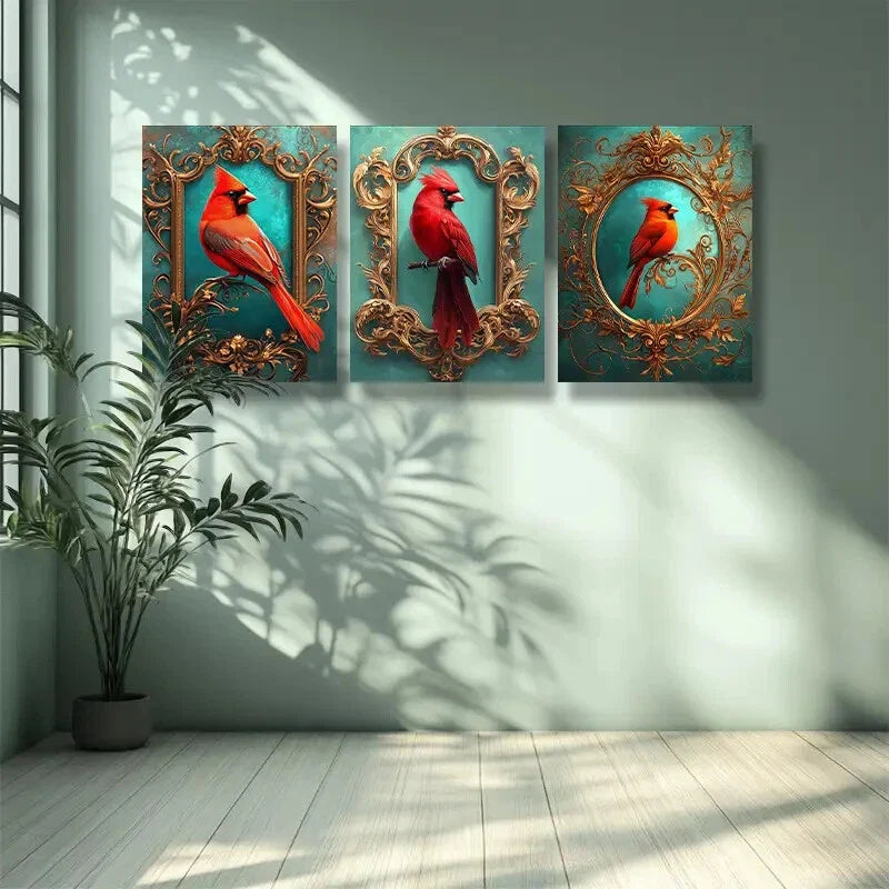 3pcs Red bird Art Painting  Metal Print Ready to Hang Art