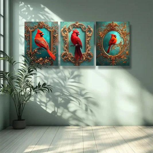 3pcs Red bird Art Painting  Metal Print Ready to Hang Art