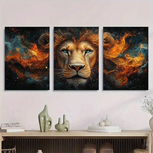 3pcs Lion Vibrant Blue & Orange Metal Print Ready to Hang Art