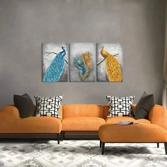 3pcs Blue and Golden Pea Rooster Metal Print Ready to Hang Art
