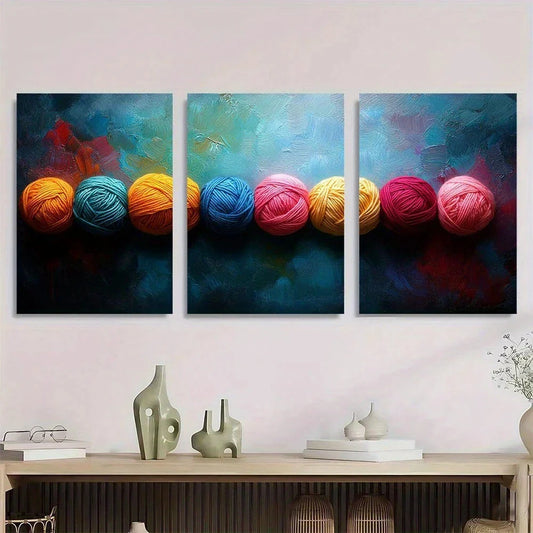 3pcs Vibrant Colorful Yarn Balls Metal Print Ready to Hang Art
