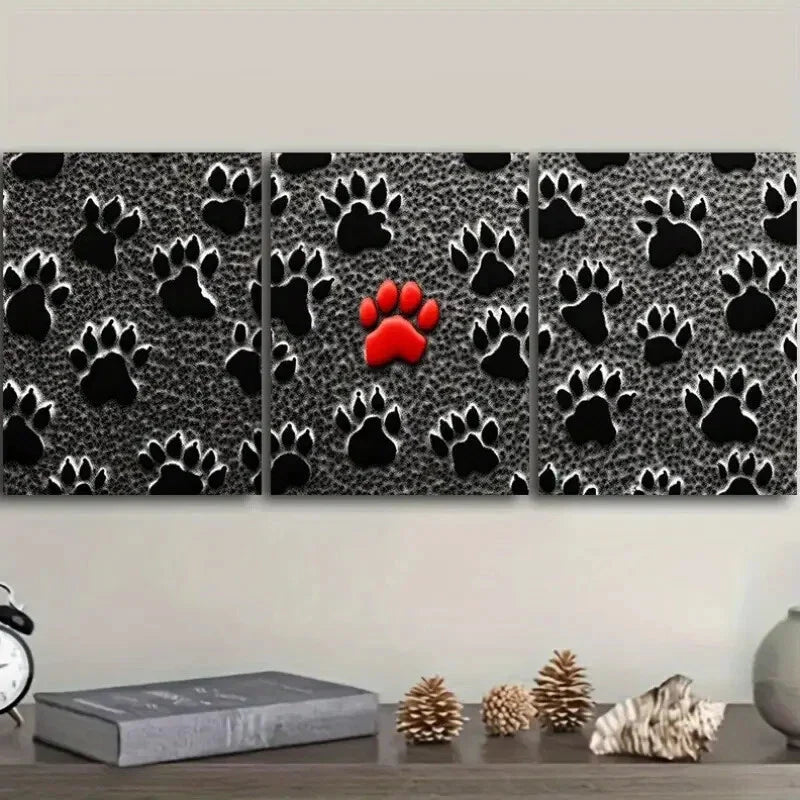 3pcs Set Black Dog Paw Prints Metal Print Ready to Hang Art