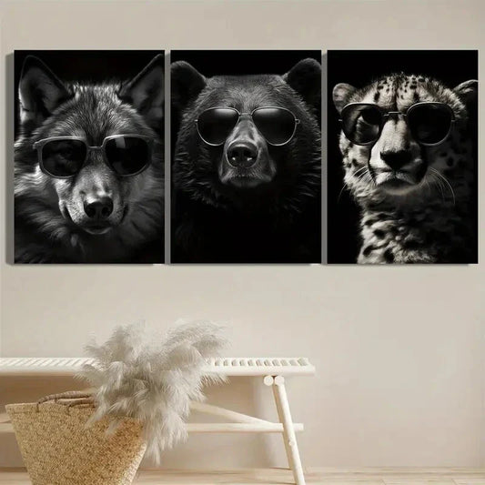 3pcs Wolf Bear Cheetah Wearing Fashion Glasses Metal Print Ready to Hang Art