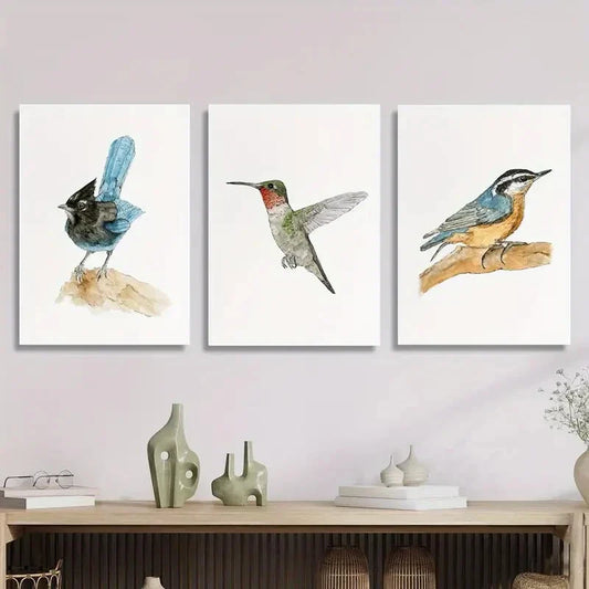 3pcs Blue &amp; Black Bird Illustrations, Metal Print Ready to Hang Art