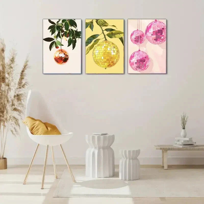 3pcs Crystal Ball Lemon Apple Orange Decoration Metal Print Ready to Hang Art