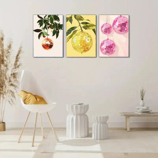 3pcs Crystal Ball Lemon Apple Orange Decoration Metal Print Ready to Hang Art