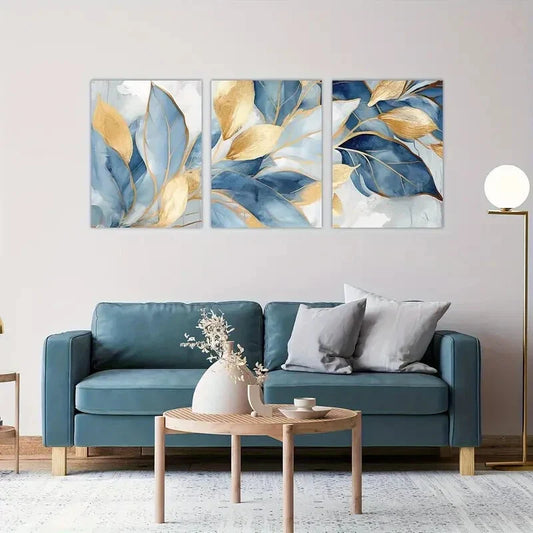3pcs Blue and Golden Leaf Floral Metal Print Ready to Hang Art